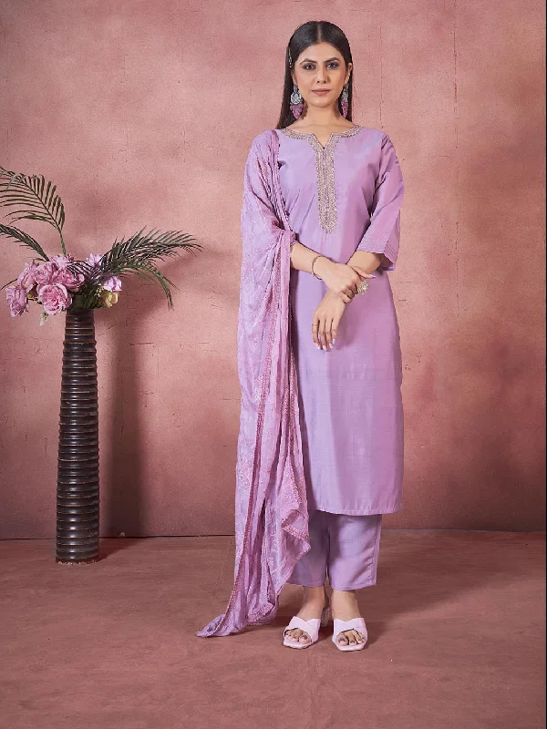 Lavender Designer Readymade Pant Suit With Embroidery Work Casual Yoga Pants