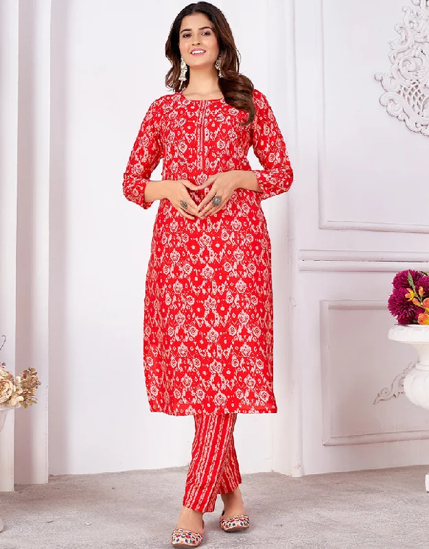 Modern Red Rayon Beautiful Looking Readymade Top With Bottom Set Straight Design Pant Formal Wide-Leg Pants