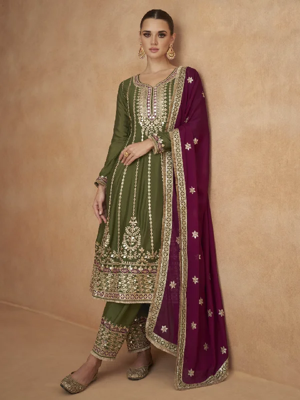 Green Designer Chinon Silk Pant Suit With Embroider Work Classic Bootcut Trousers