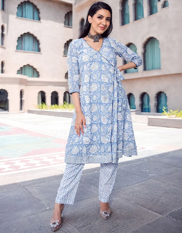 Chic Sky Blue Pure Maslin All Season Designer Pure Maslin Heavy Digital Print Sky Blue Kurti & Bottom Straight Design Pant Comfy Zip-Up Pants