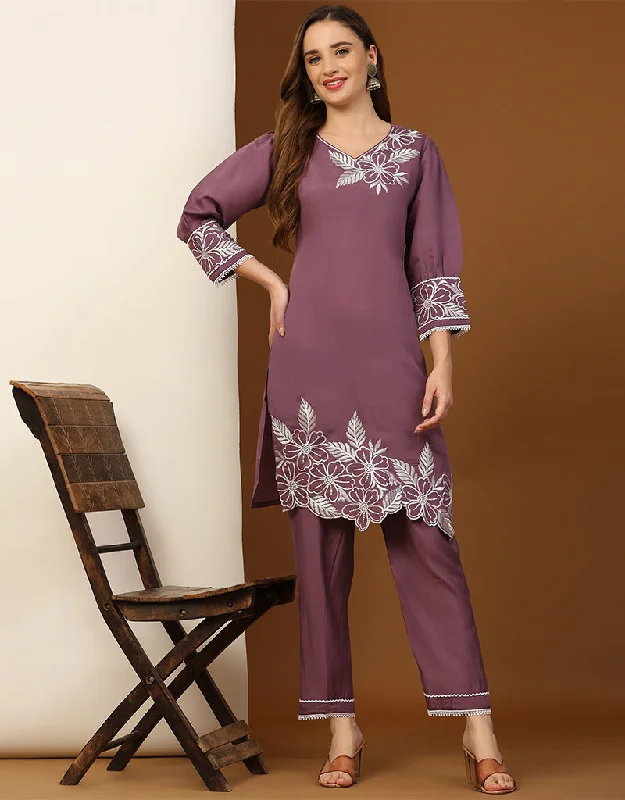 Designer Party Wear Readymade Co-Ords Sets Colletion Purple Silk Pant Suit Fashionable Work Pants