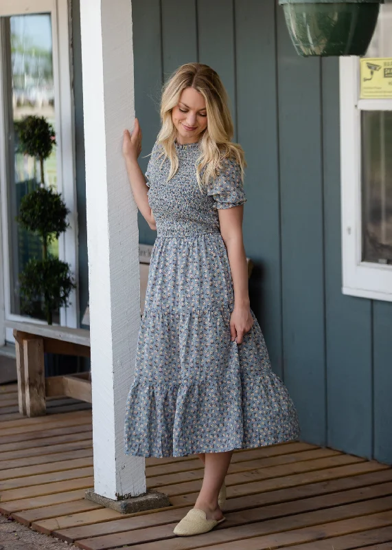 Smocked Bodice Blue Floral Tiered Dress Turtleneck Warm Winter