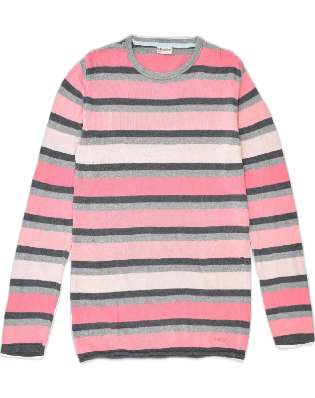 LEVI'S Womens Crew Neck Jumper Sweater UK 10 Small Pink Striped Cotton Notch Collar Peter Pan Collar Cowl Neck