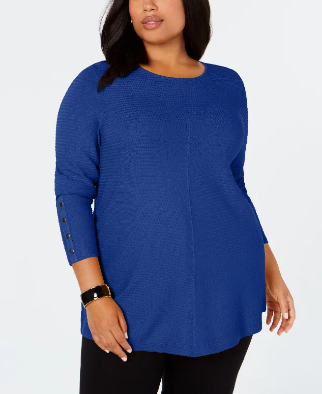 Plus Size Ribbed Snap-Detail Sweater Elegant Classic Vintage