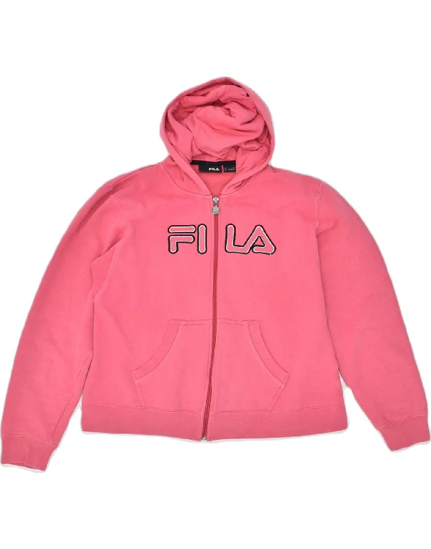 FILA Womens Graphic Zip Hoodie Sweater UK 14 Medium Pink Cotton Houndstooth Herringbone Solid