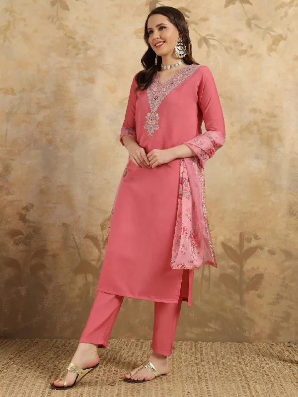 Pink Designer Looking Readymade Pant Suit With Embroidery Work Cozy Knit Pants