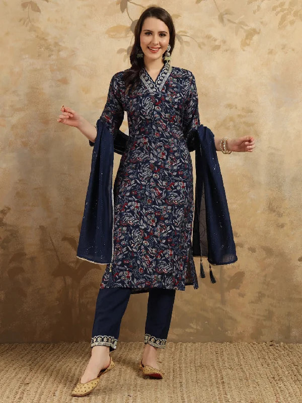 Navy Blue Designer Party Wear Readymade Pant Suit With Printed Embroidery Work Classic Chino Pants