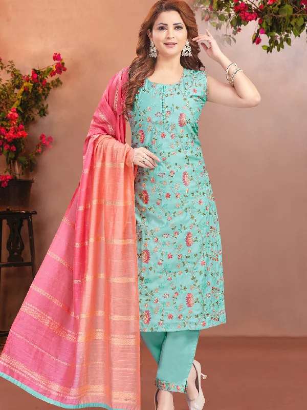 Aqua Blue Trendy Designer Readymade Pant Suit With Embroidery Work Classic Straight Pants