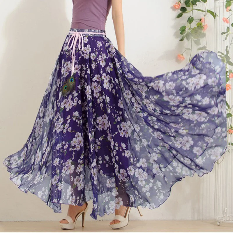 Elegant Fancy Flower Print Skirt Long Women Fashion Peacock Feather Elastic Waist Ultra-long Big Bottom Full Chiffon Skirt cashmere skirt soft