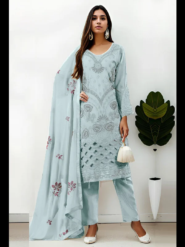 Sky Blue Designer Eid Special Pant Suit With Embroidery Work Chic Faux Leather Pants