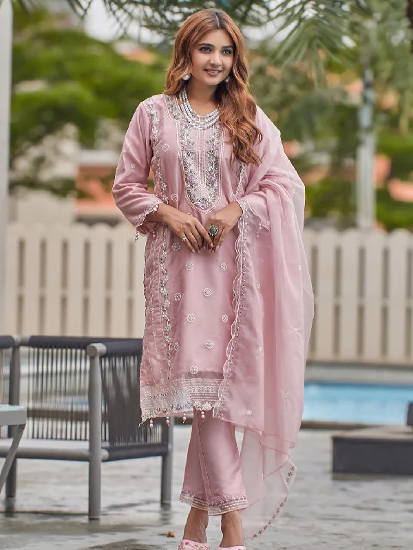 Pink Designer Semi-Stitched Pant Suit With Embroidery Work Cozy Maternity Pants