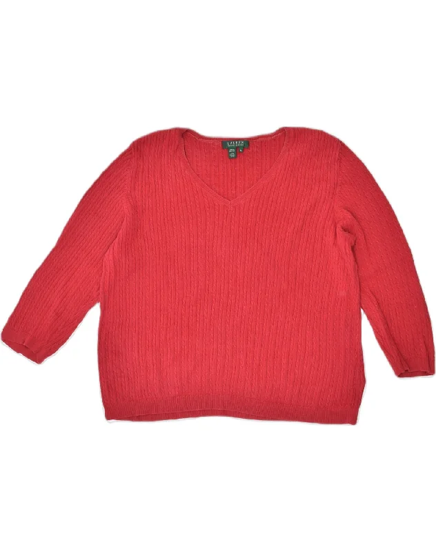 RALPH LAUREN Womens 3/4 Sleeve Oversized V-Neck Jumper Sweater UK 18 XL Red Bright Pastel Dark