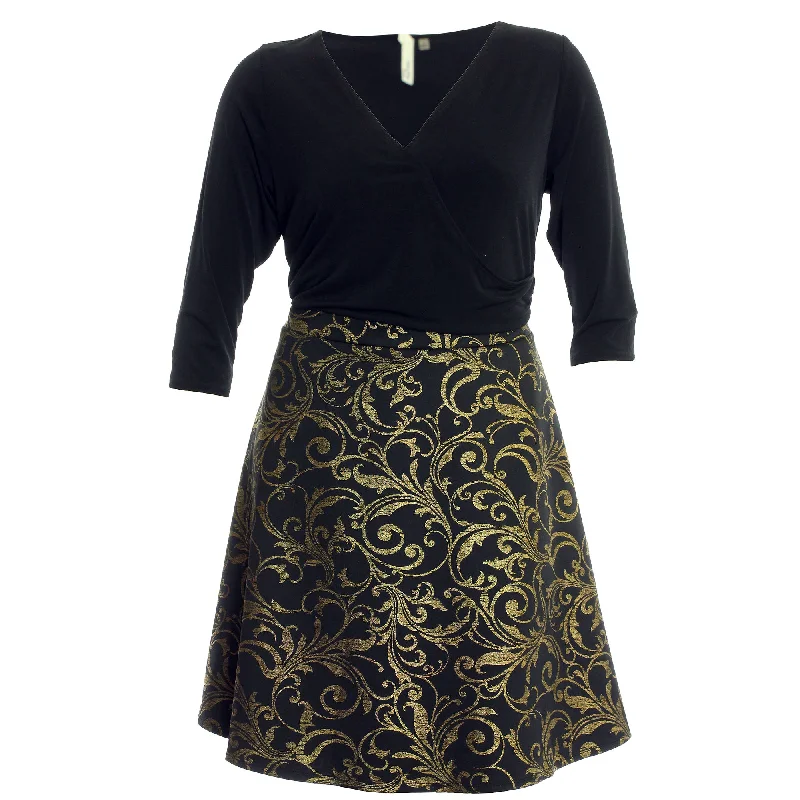 NY Collection Black/Gold Brocade 3/4 Sleeve Dress Tunics Travel practical