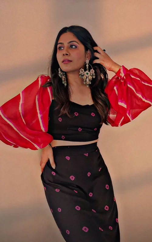 Bandhej Wrap Skirt With Leheriya Sleeve Crop Set as seen on Styleograph by Chikky Goenka linen skirt natural