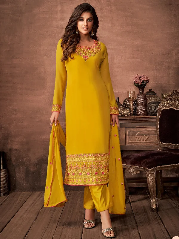 Yellow Georgette Latest Designer Pant Suit With Embroidery Work Warm Wool Trousers