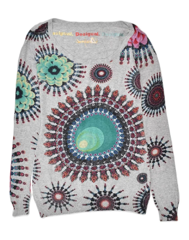 DESIGUAL Womens Graphic Boat Neck Jumper Sweater UK 10 Small Grey Ikat Sequined Glittery Shiny