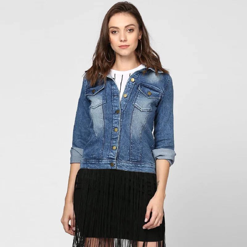 Women's Blue Washed Denim Jacket - StyleStone V-Neck Jacket Boat Neck Jacket Square Neck Jacket