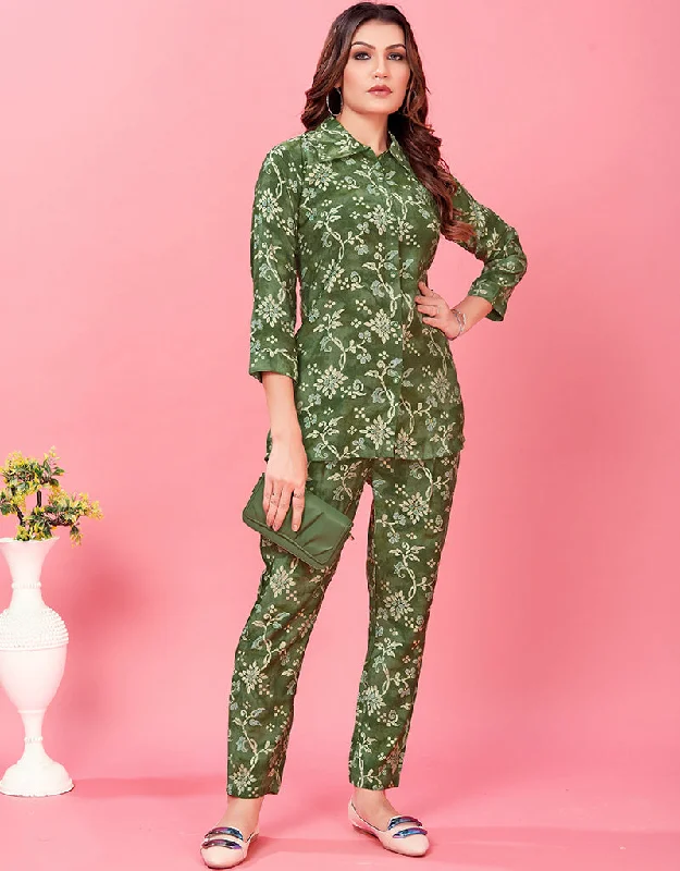 Trendy Party Wear Readymade Co-Ords Collection Camo Green Premium Chanderi Pant Suit Trendy Wide-Leg Pants