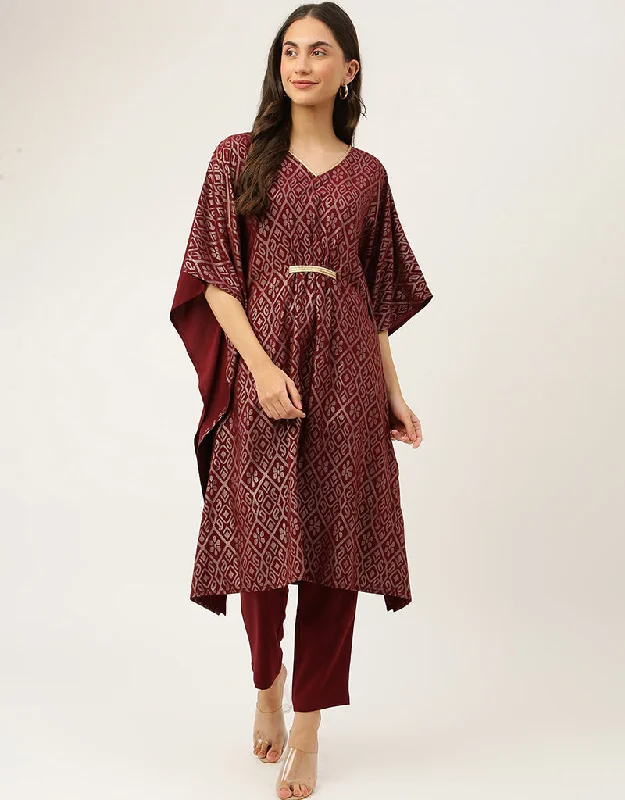 Designer Party Wear Readymade Kaftaan Style Co-Ords Sets Colletion Burgundy Poly Crepe Pant Suit Stretch Fit Pants