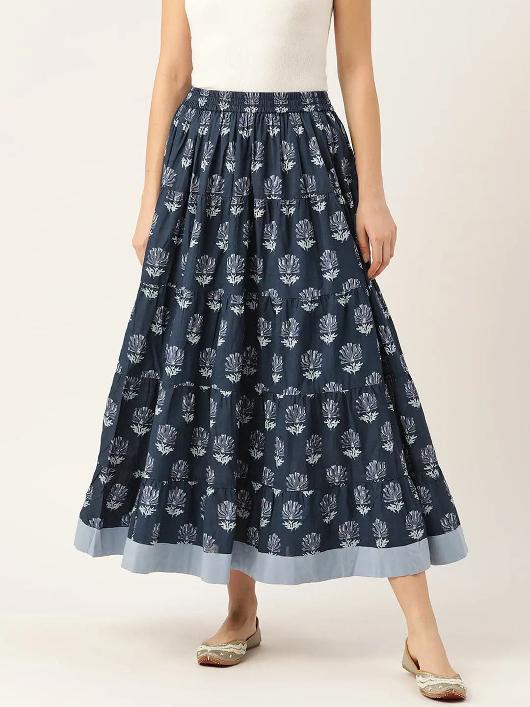 Navy Lotus Floral Contrast Border Tiered Skirt belted skirt waist