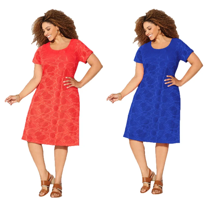 Avenue Blue or Coral Short Sleeve Scoop Neck Crochet Sheath Dress Tunics Cozy comfortable