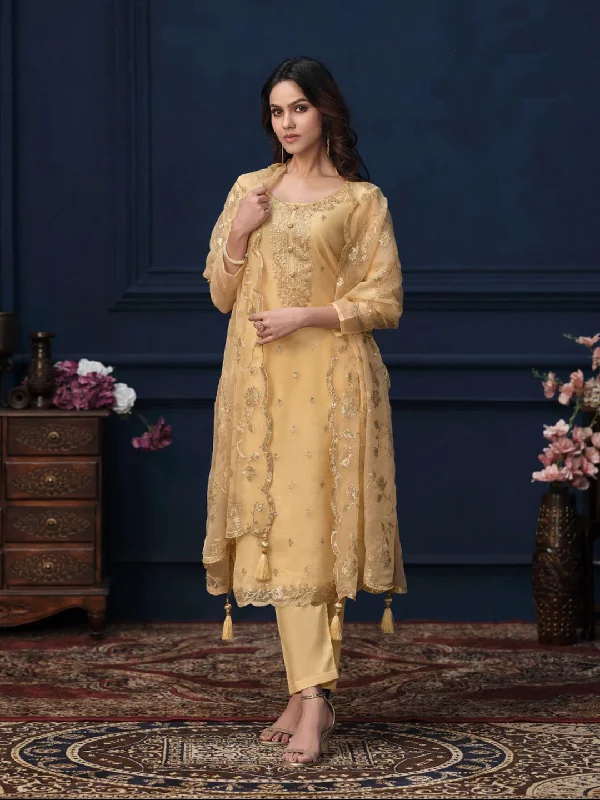 Yellow Designer Heavy Semi-Stitched Pant Suit With Embroidery Work Comfortable Pleated Pants