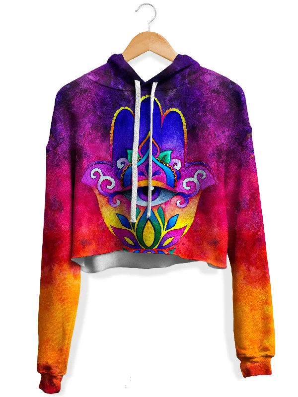 Sunset Hamsa Fleece Crop Hoodie Hoodie with V-Neck Classic Versatile