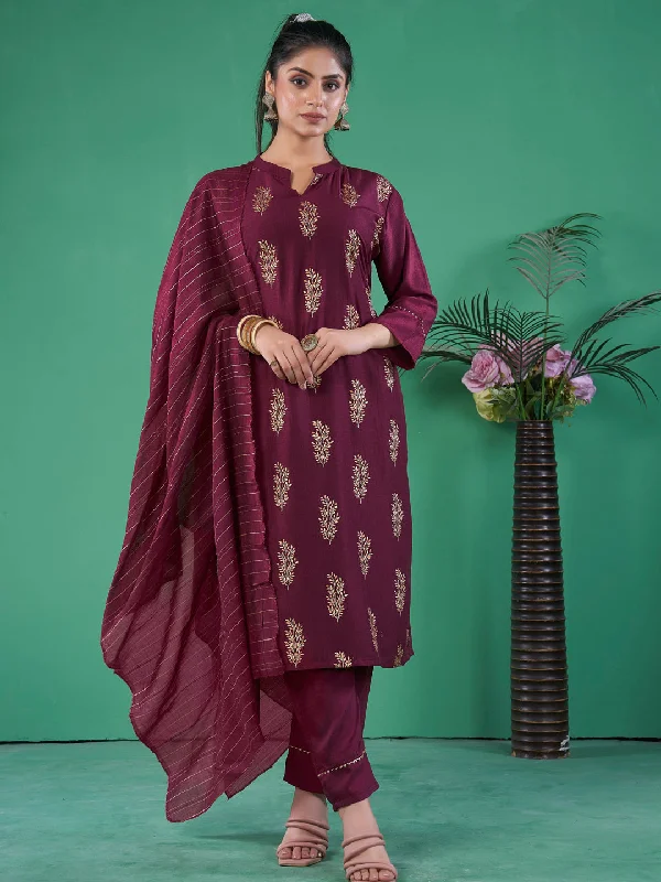 Maroon Designer Readymade Art Silk Pant Suit With Embroidery Work Wide-Legged Palazzos