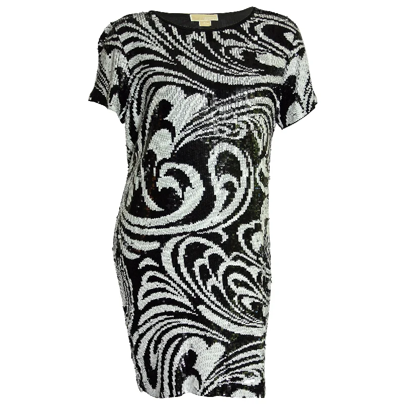 Michael Kors Black & White Short Sleeve Paisley Sequins Dress Tunics Stylish elegant