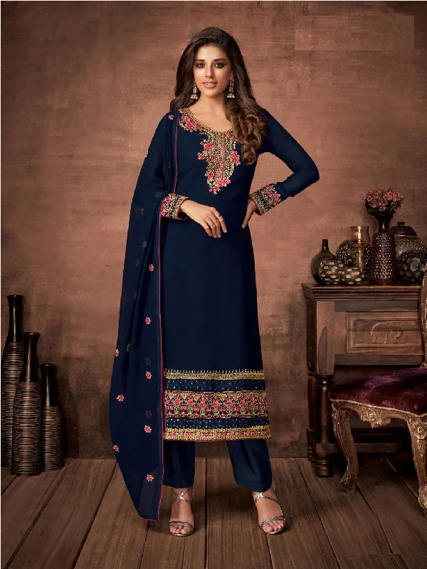 Navy Blue Georgette Latest Designer Pant Suit With Embroidery Work Casual Lounge Pants