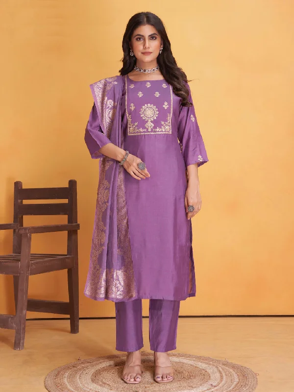 Lavender Designer Readymade Pant Suit With Embroidery Work Comfortable Maternity Pants