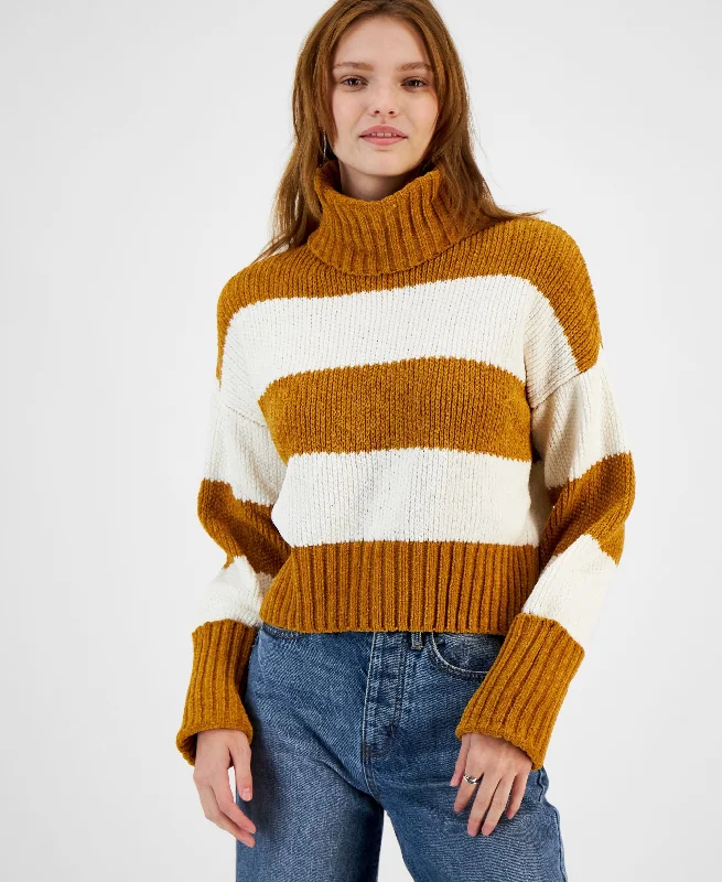 Juniors' Chenille Striped Turtleneck Sweater Fleece Sweater Nylon Polyester