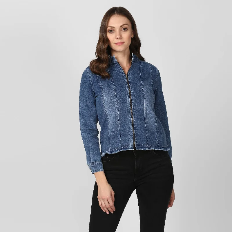 Women's Blue Denim Jacket with Zip - StyleStone Fitted Jacket Loose Jacket Oversized Jacket