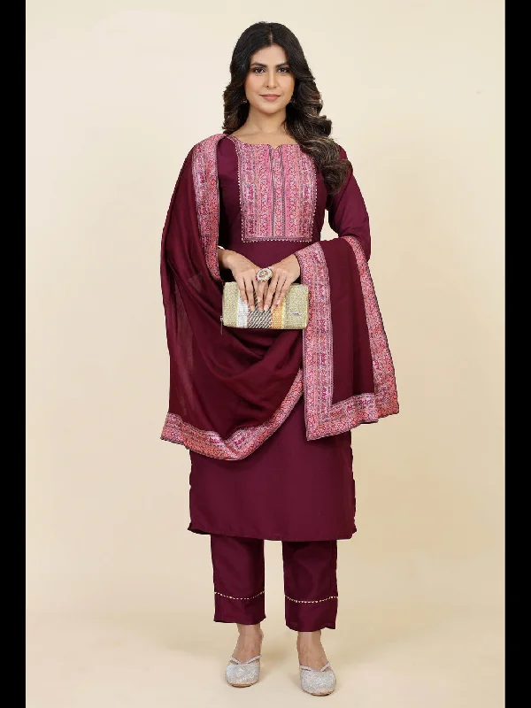 Maroon Trendy Designer Readymade Pant Suit With Embroidery Work Sleek Black Pants