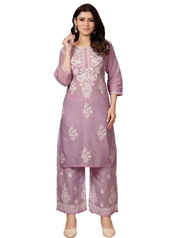 Purple Designer Readymade Cotton Pant Suit With Chikankari Embroidery Work Stylish Slim Trousers