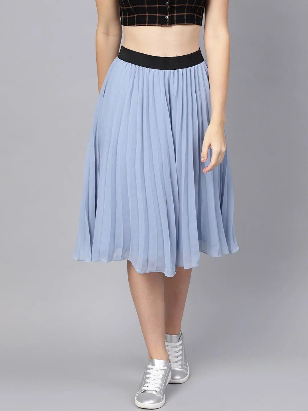 Blue Pleated Flared Midi Skirt corduroy skirt durable