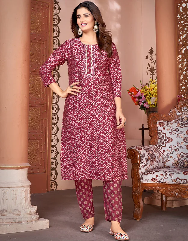 Trendy Maroon Rayon Beautiful Looking Readymade Top With Bottom Set Straight Design Pant Fashionable Track Pants