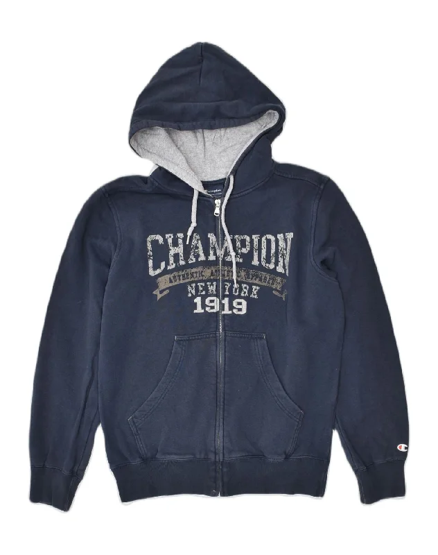 CHAMPION Womens Graphic Zip Hoodie Sweater UK 10 Small Navy Blue Cotton Striped Floral Plaid