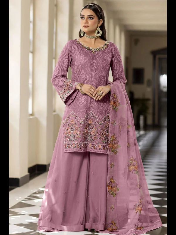 Mauve Designer Heavy Semi-Stitched Pant Suit With Embroidery Work Soft Stretch Pants