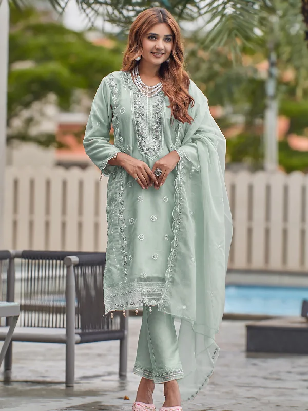 Dusty Aqua Designer Semi-Stitched Pant Suit With Embroidery Work Formal Slim Pants