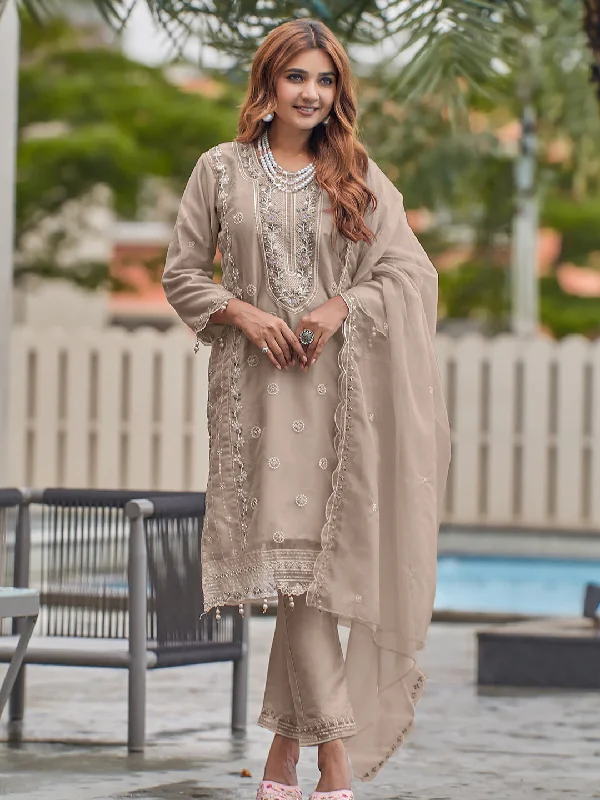 Brown Designer Semi-Stitched Pant Suit With Embroidery Work Comfortable Pleated Pants