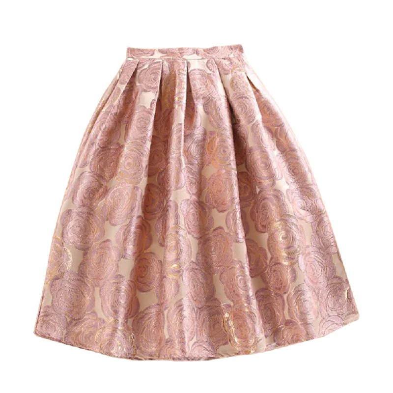 Pink Floral Jacquard High Waist Print Pleated Maxi Skirt Casual A-Line Skater Women Tulle Skirts chiffon skirt delicate