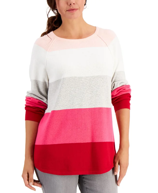 Karen Scott Petite Colorblocked Cotton Sweater Bright Pastel Dark