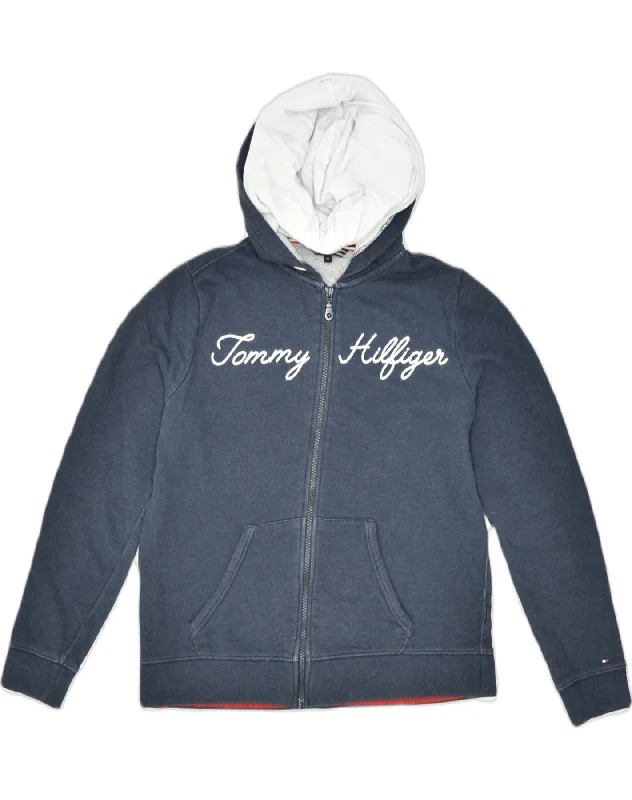 TOMMY HILFIGER Womens Graphic Zip Hoodie Sweater UK 6 XS Grey Cotton Chenille Fabric Brocade Fabric Lace Fabric