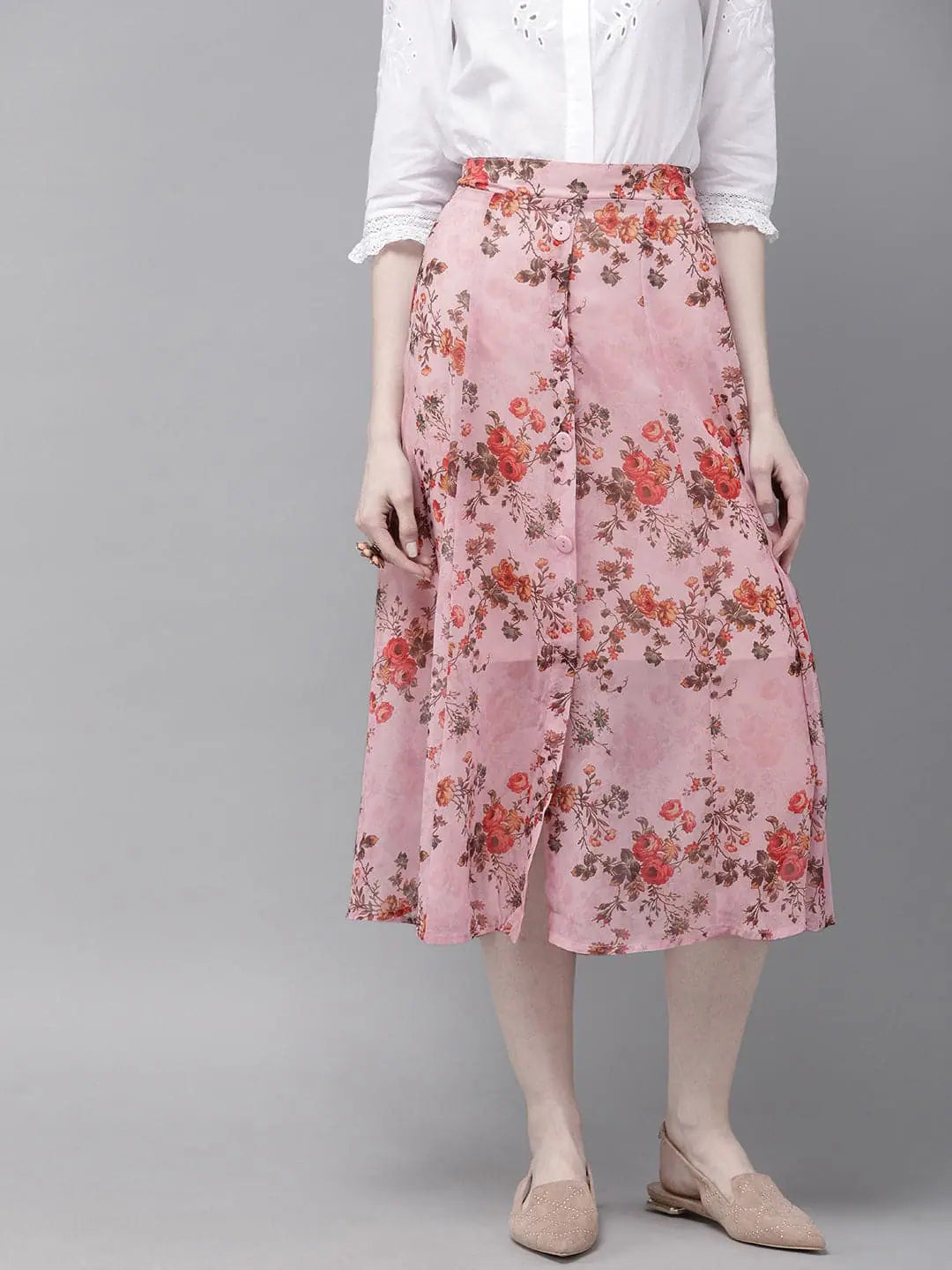 Pink Floral A-Line Skirt linen skirt relaxed