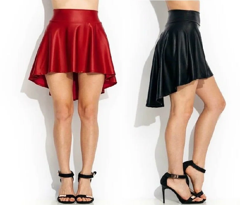 Faux Leather Black skirts Trendy Dance Party Casual High-Low Skater Skirt S/M/L/XL wrap skirt elegant