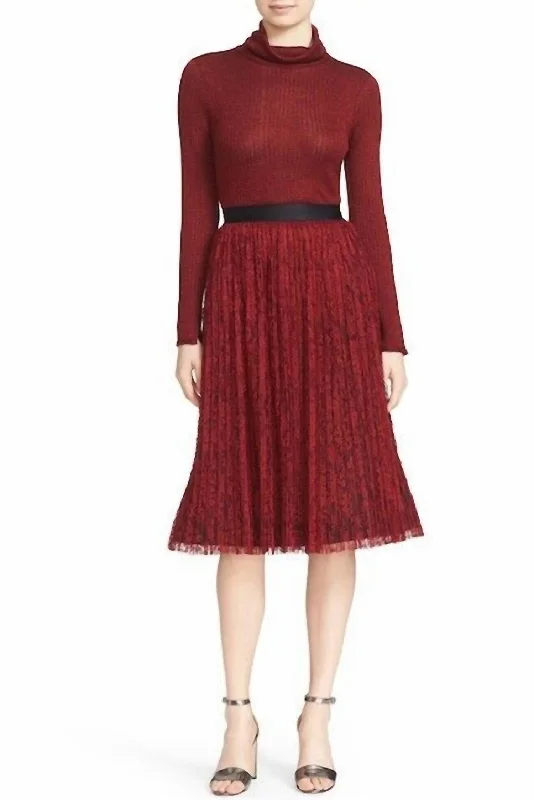 Mikaela Pleated Lace Midi Skirt In Burgundy Red spandex blend skirt