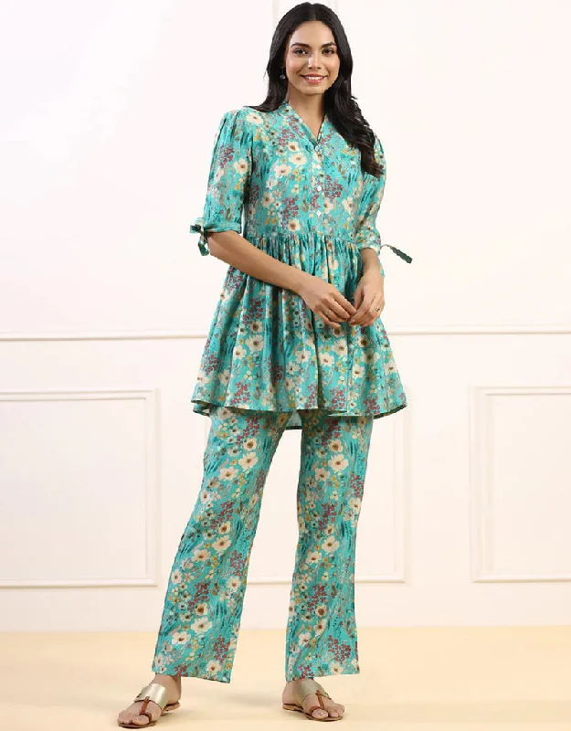 Modern Blue Cotton Blend Beautiful Readymade Co-Ord Top With Bottom Set Suit Design Pant Fashionable Track Pants