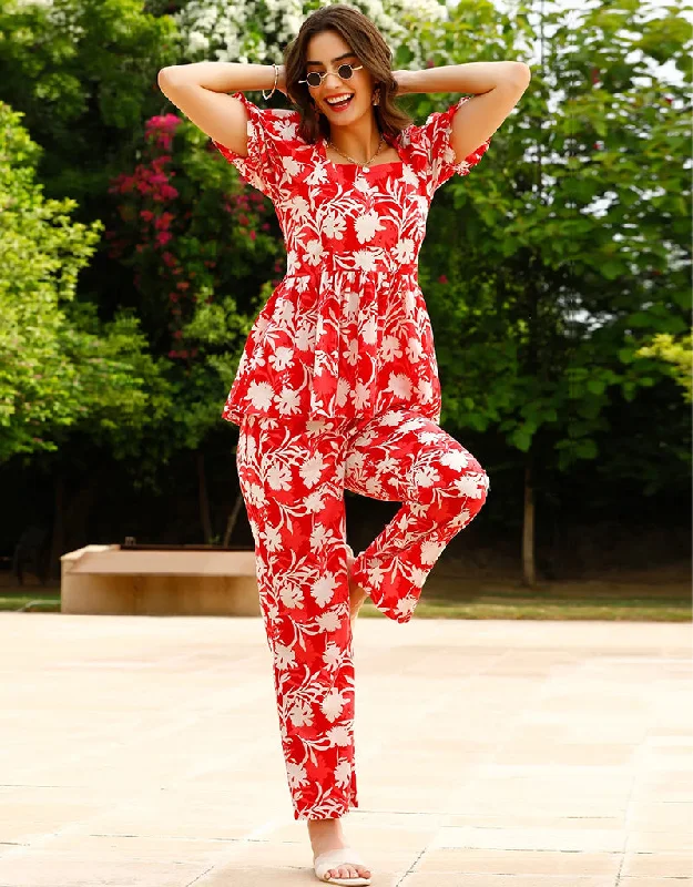 Chic Red Cotton Blend Beautiful Readymade Co-Ord Top With Bottom Set Suit Design Pant Classic Cropped Pants