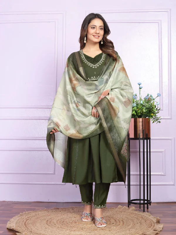 Mehendi Green Premium Designer Nyra Cut Readymade Pant Suit With Machine Work Comfortable Jogger Trousers